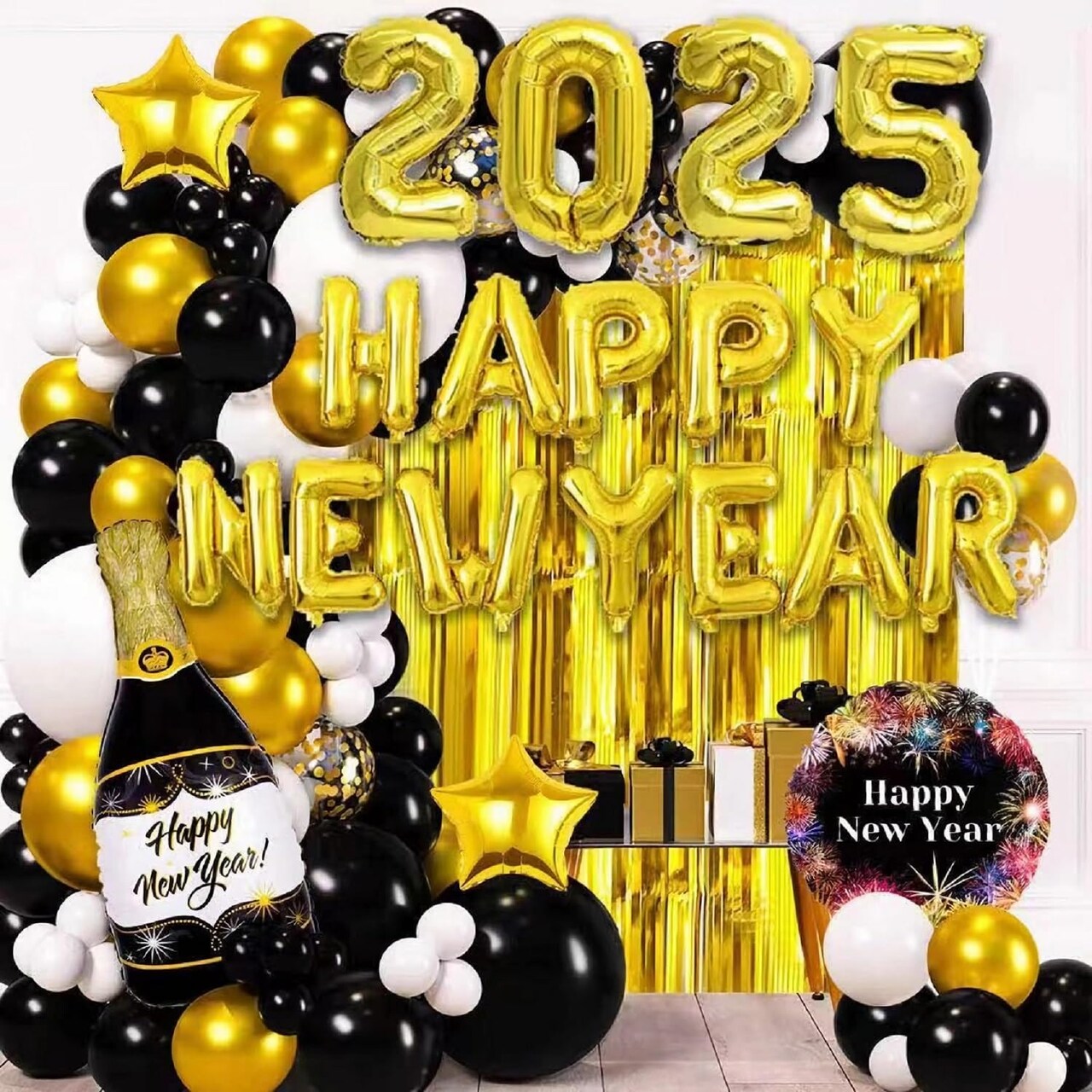 New Years Eve Party Supplies 2025 Happy New Year Decorations 2025 Balloons Party Set, 2025 New Years Decorations with Happy New Year Foil Banner, Latex Balloons, Curtains Backdrop for NYE Decorations